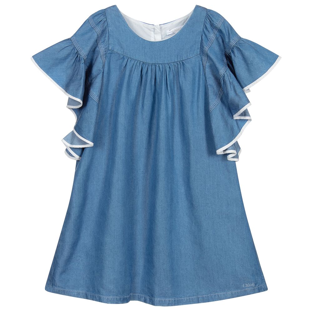 Chloé - فستان ليوسيل شامبري لون أزرق وأبيض | Childrensalon