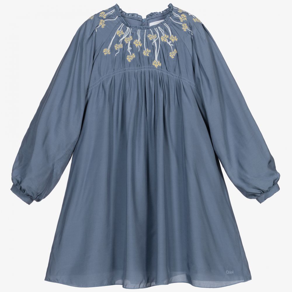 Chloé - Blue Embroidered Silk Dress | Childrensalon