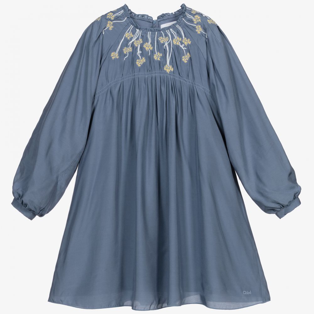 Chloé - Robe bleue en soie brodée | Childrensalon