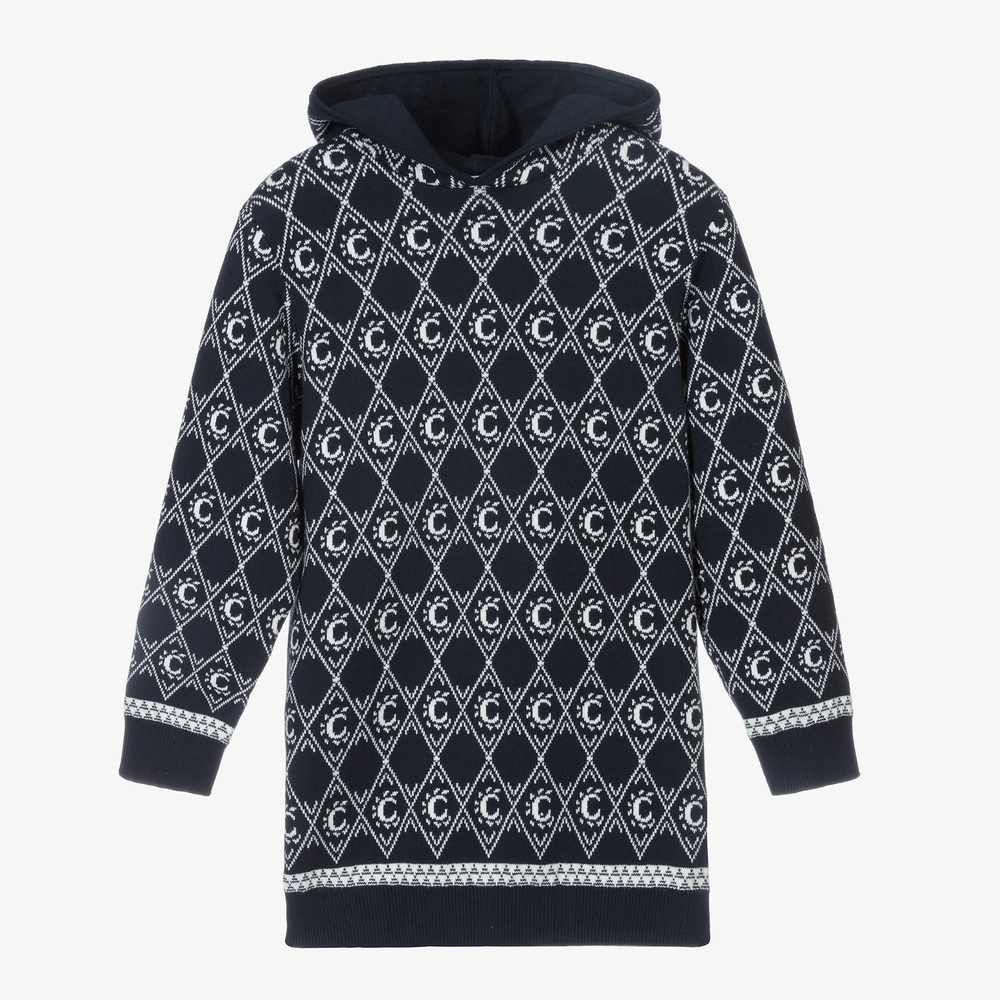 Chloé - Blue Hooded Logo Knit Dress | Childrensalon