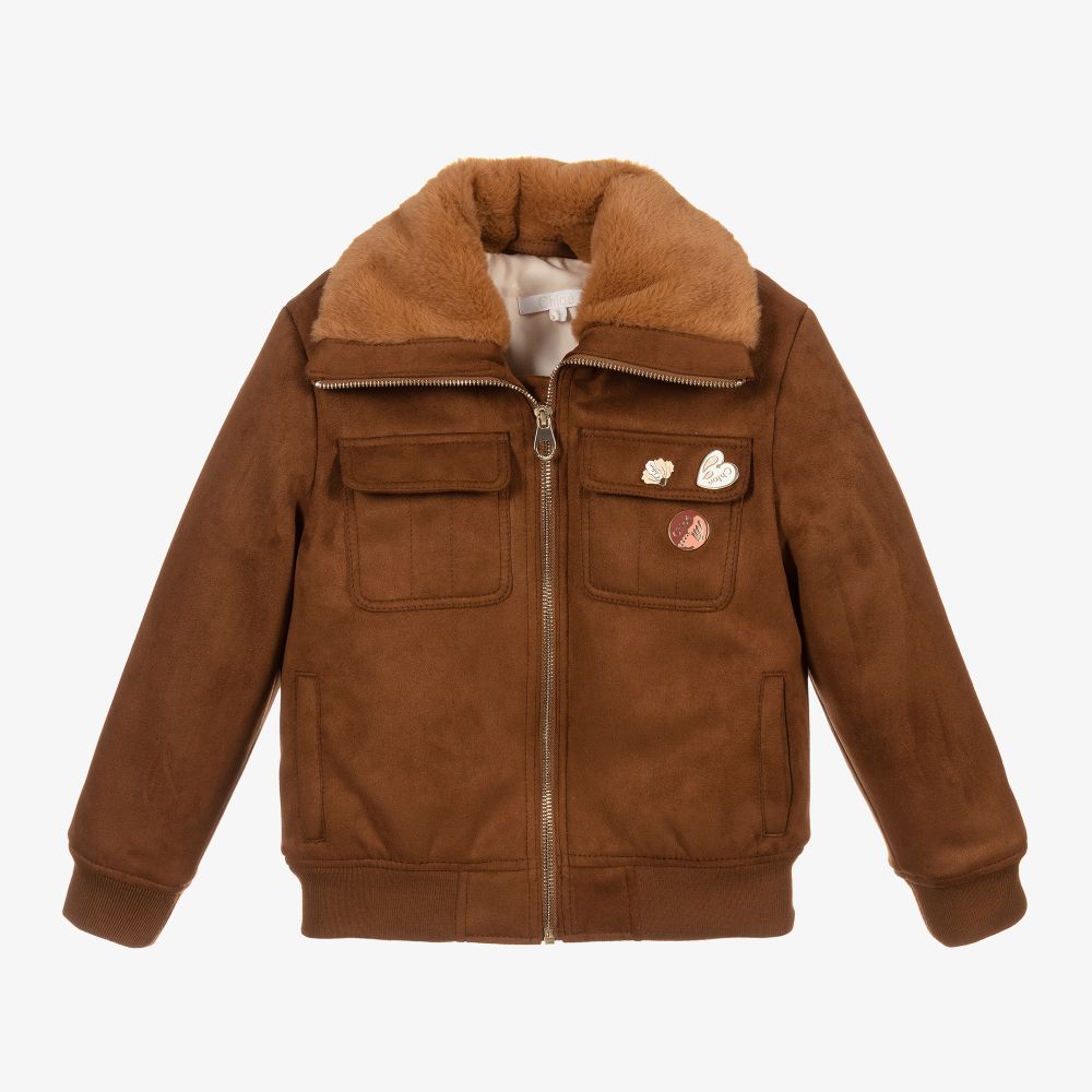 Chloé - Brown Faux Suede Bomber Jacket | Childrensalon