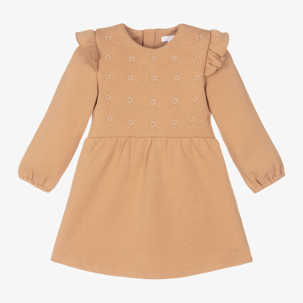 Chloé - Dark Beige Organic Cotton Embroidered Dress | Childrensalon