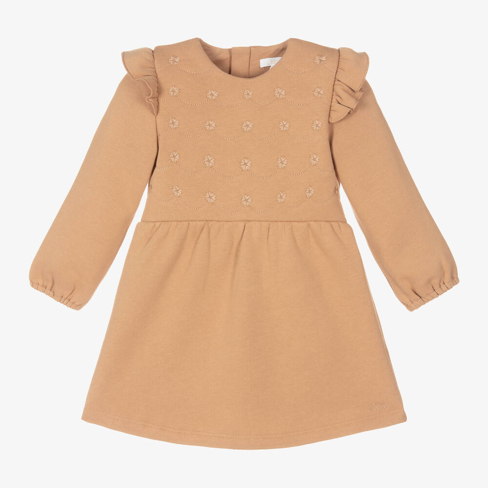 Chloé - Dunkelbeiges besticktes Bio-Kleid | Childrensalon