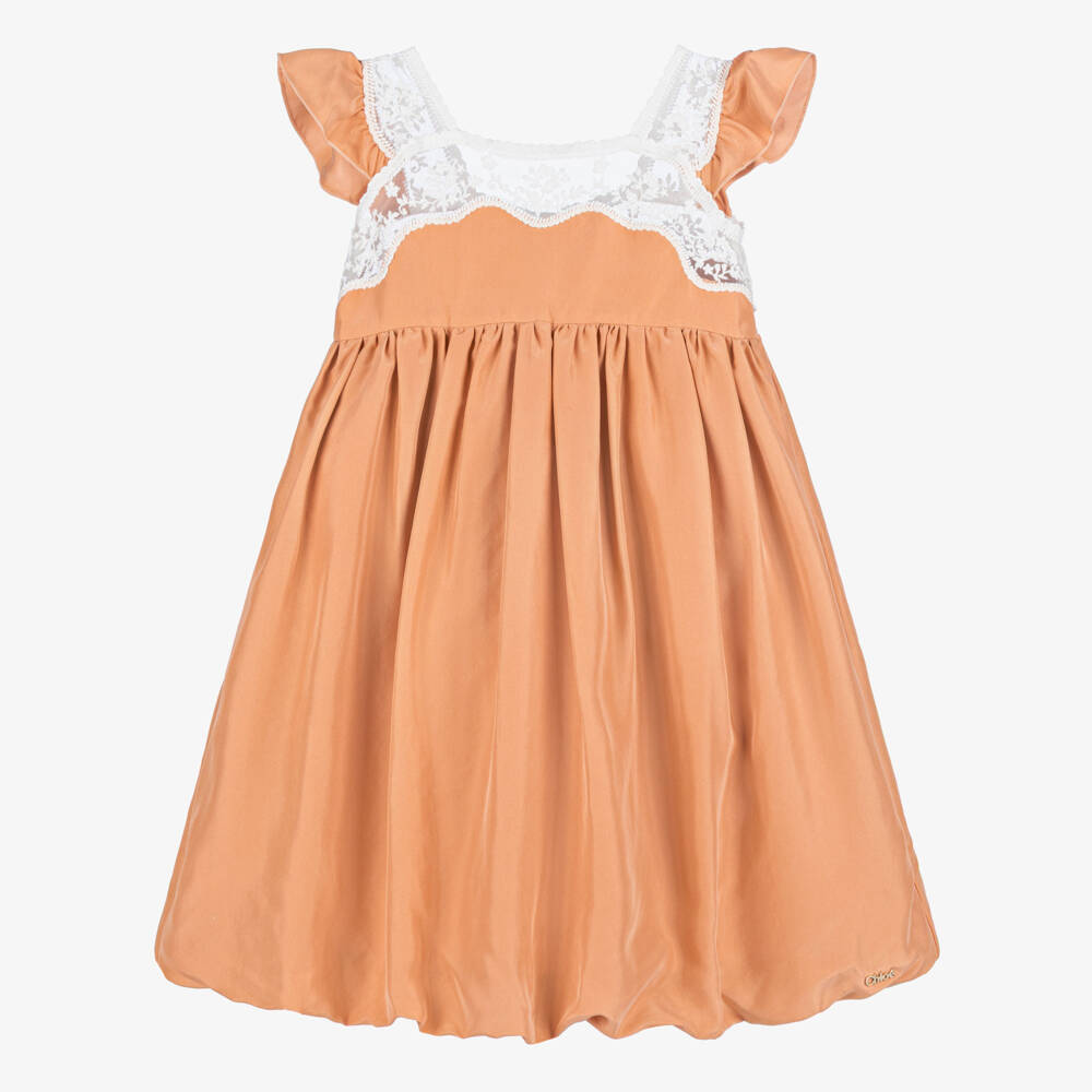 Chloé-Girls Apricot Silk Dress with Lace Trims | Childrensalon Outlet