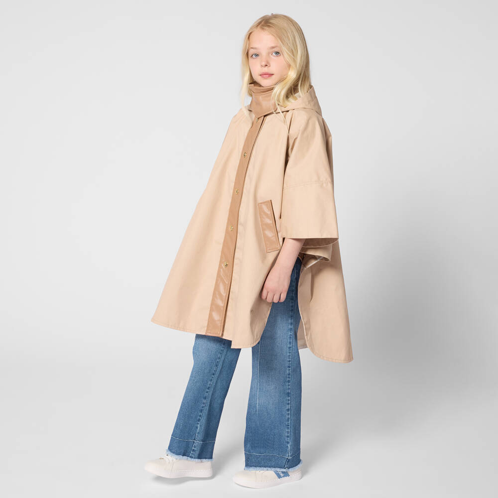 Chloé-Girls Beige Cape with Faux Leather Trims | Childrensalon Outlet