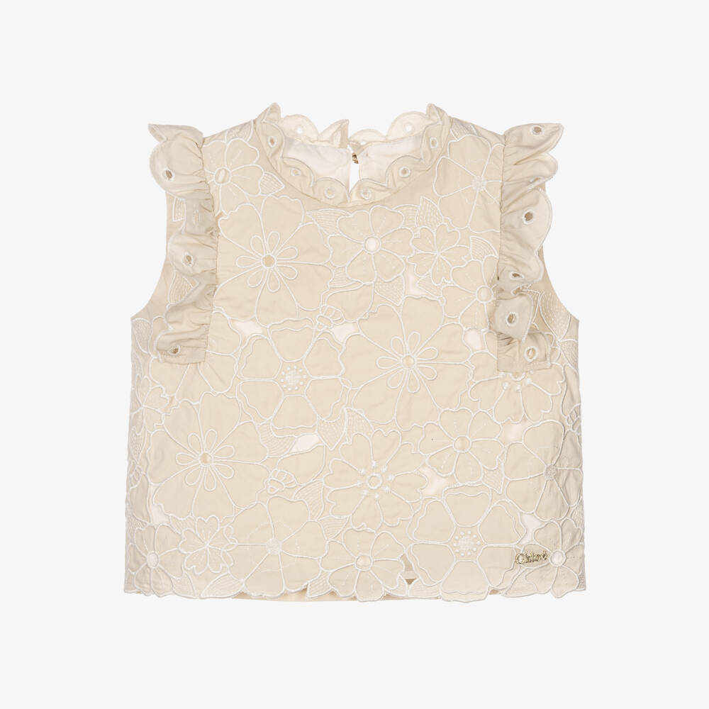 Chloé-Girls Beige Cotton Floral Cutwork Blouse | Childrensalon Outlet