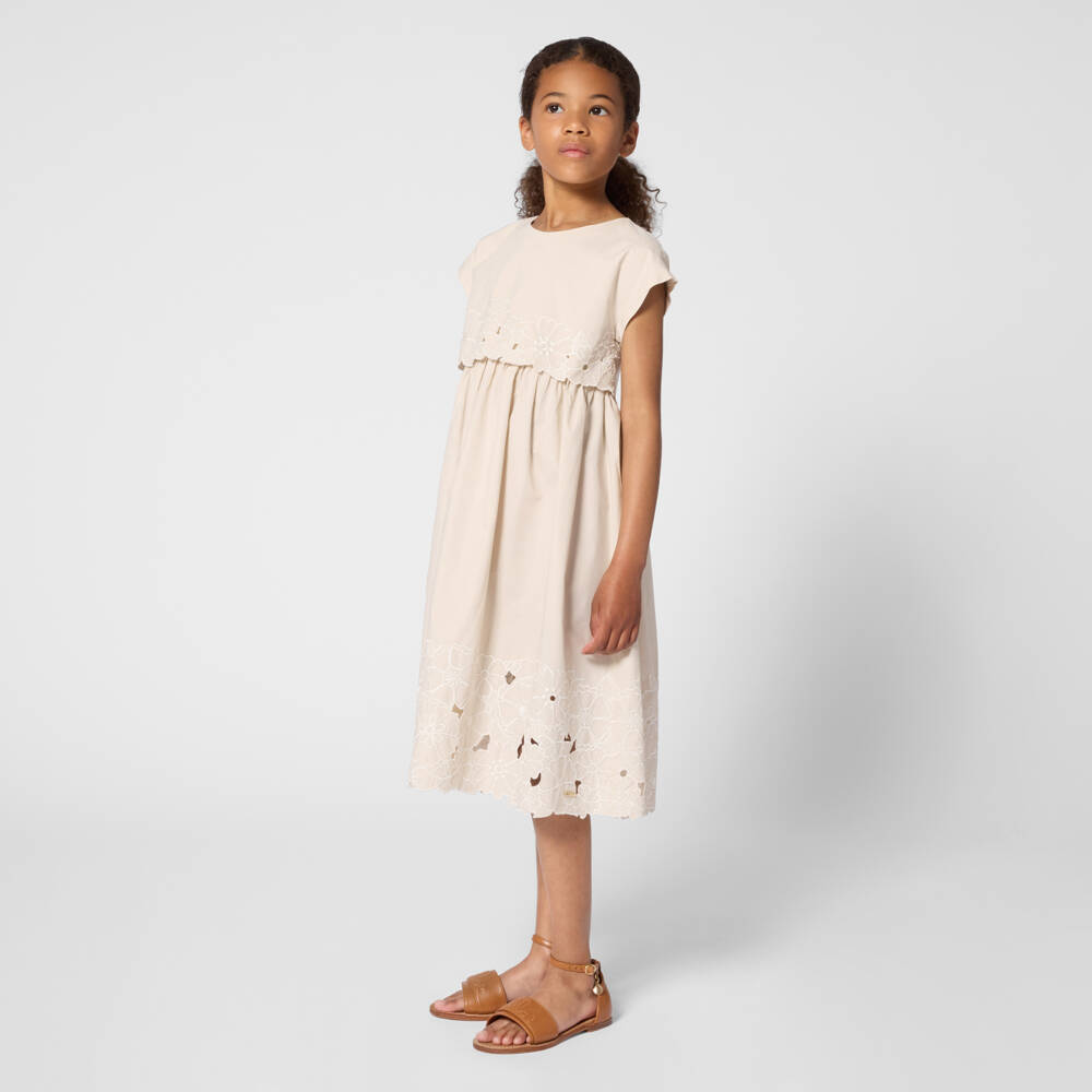 Chloé-Girls Beige Cotton Floral Embroidered Dress | Childrensalon Outlet