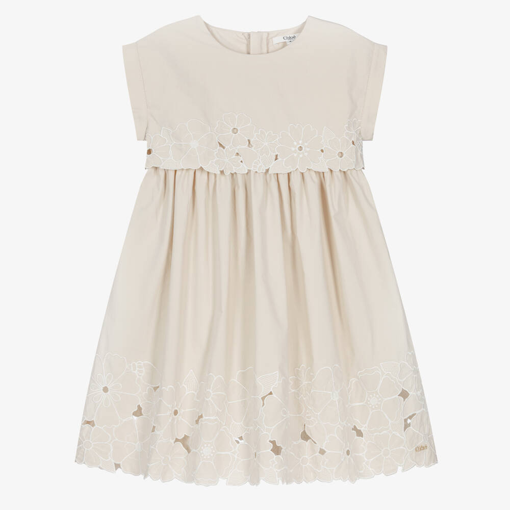 Chloé-Girls Beige Cotton Floral Embroidered Dress | Childrensalon Outlet