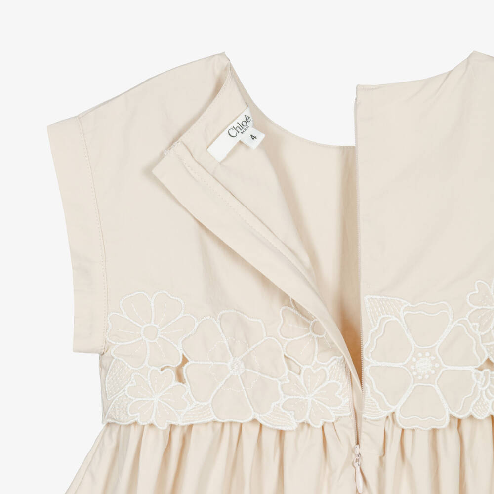Chloé-Girls Beige Cotton Floral Embroidered Dress | Childrensalon Outlet