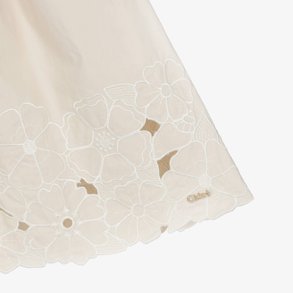 Chloé-Girls Beige Cotton Floral Embroidered Dress | Childrensalon Outlet