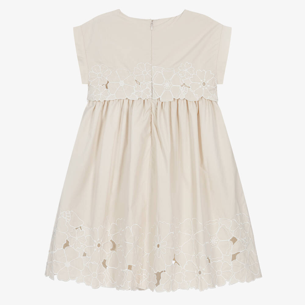Chloé-Girls Beige Cotton Floral Embroidered Dress | Childrensalon Outlet