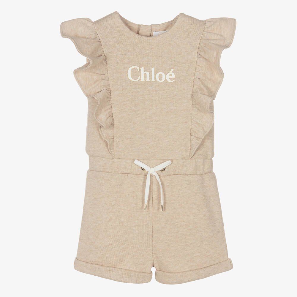 Chloé - Girls Beige Cotton Logo Playsuit | Childrensalon