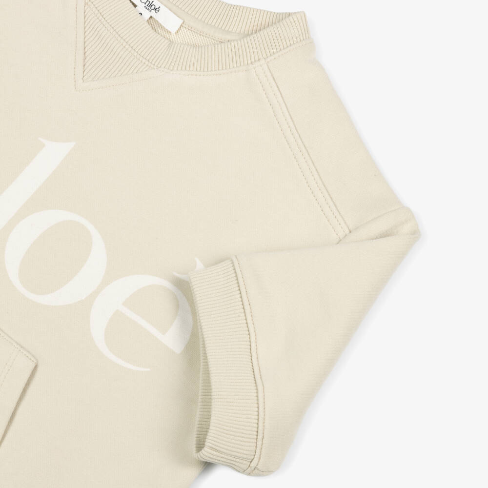 Chloé-Girls Beige Cotton Sweatshirt Dress with Logo Print | Childrensalon Outlet