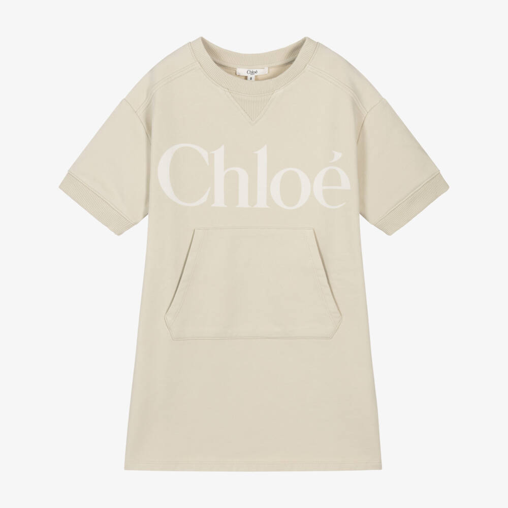 Chloé-Girls Beige Cotton Sweatshirt Dress with Logo Print | Childrensalon Outlet
