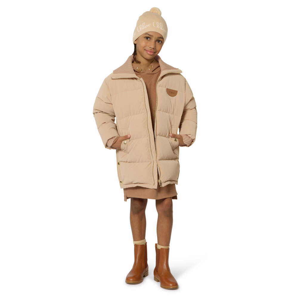 Chloé-Girls Beige Down-Padded Puffer Coat with Knitted Trims | Childrensalon Outlet