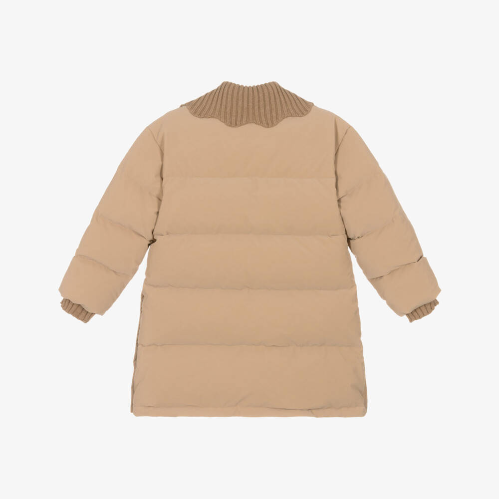 Chloé-Girls Beige Down-Padded Puffer Coat with Knitted Trims | Childrensalon Outlet
