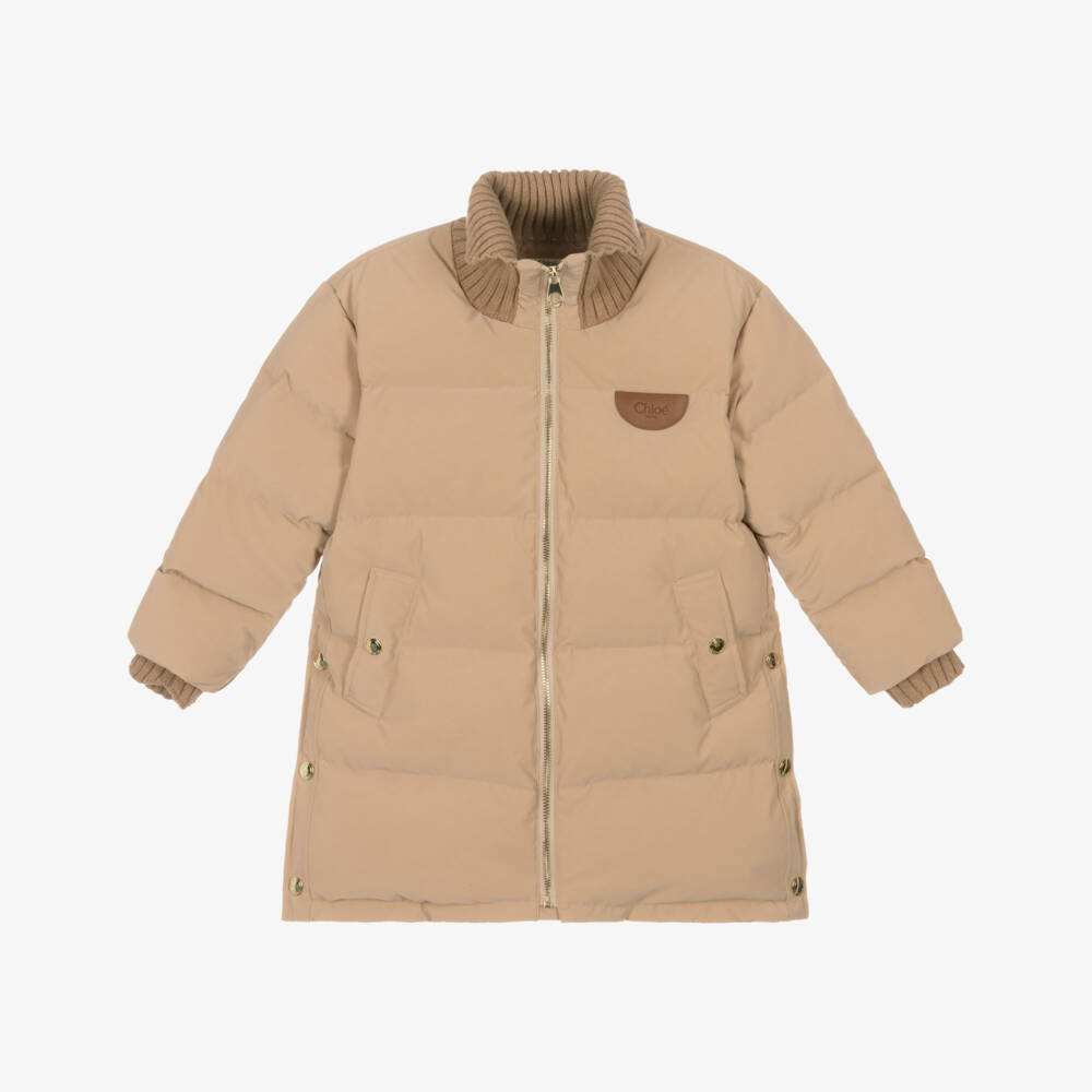 Chloé-Girls Beige Down-Padded Puffer Coat with Knitted Trims | Childrensalon Outlet