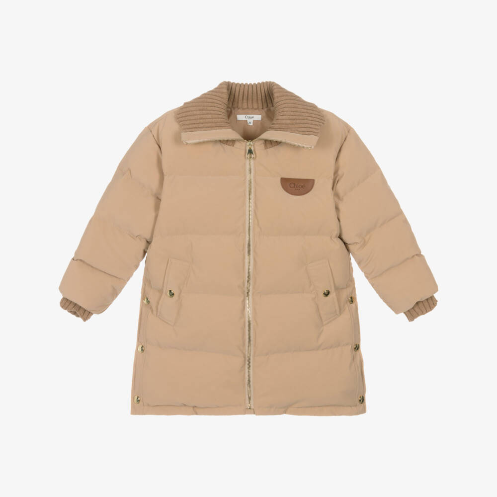 Chloé-Girls Beige Down-Padded Puffer Coat with Knitted Trims | Childrensalon Outlet