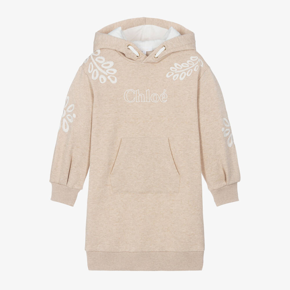 Chloé-Girls Beige Embroidered Hooded Dress | Childrensalon Outlet