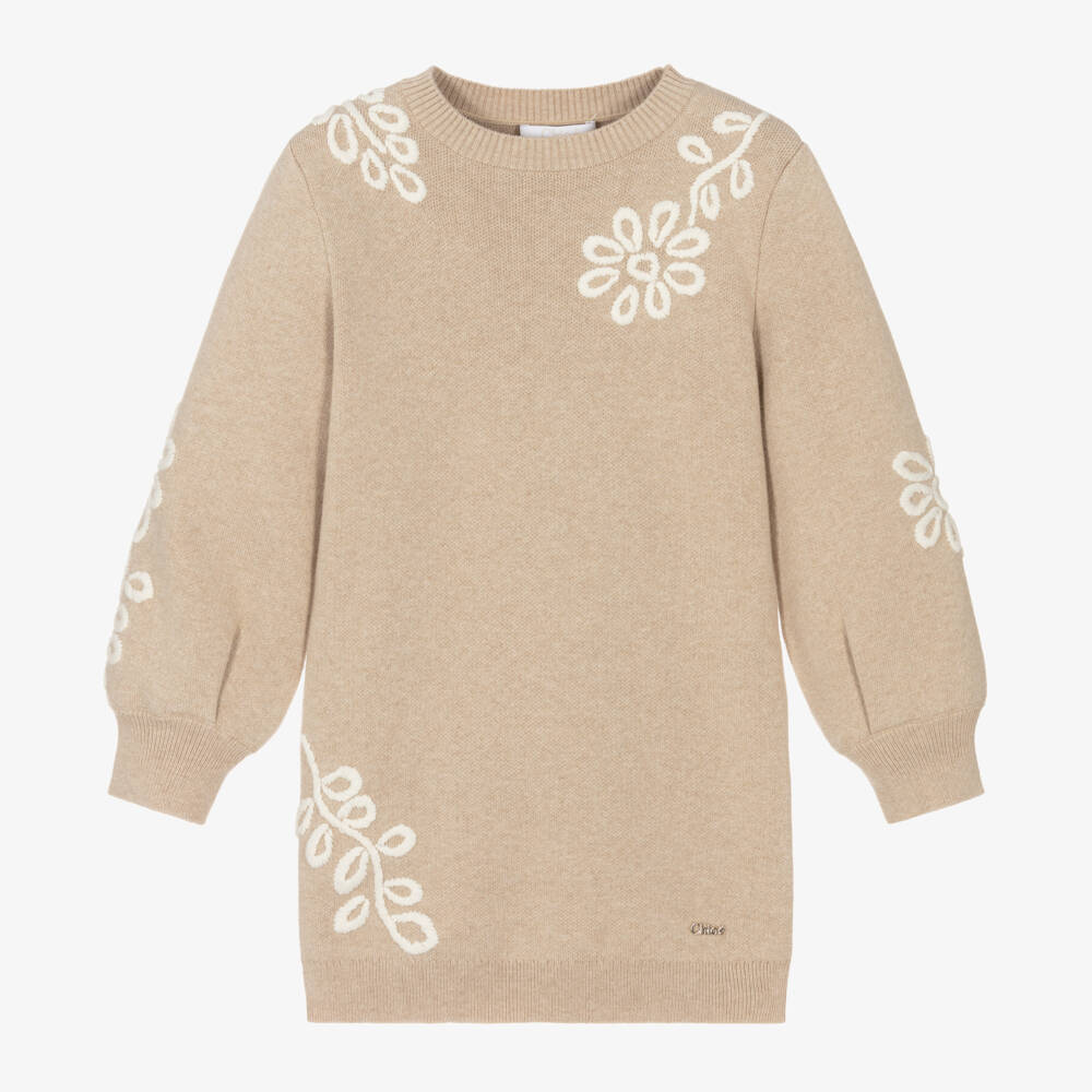 Chloé-فستان بلوفر صوف وقطن لون بيج | Childrensalon Outlet
