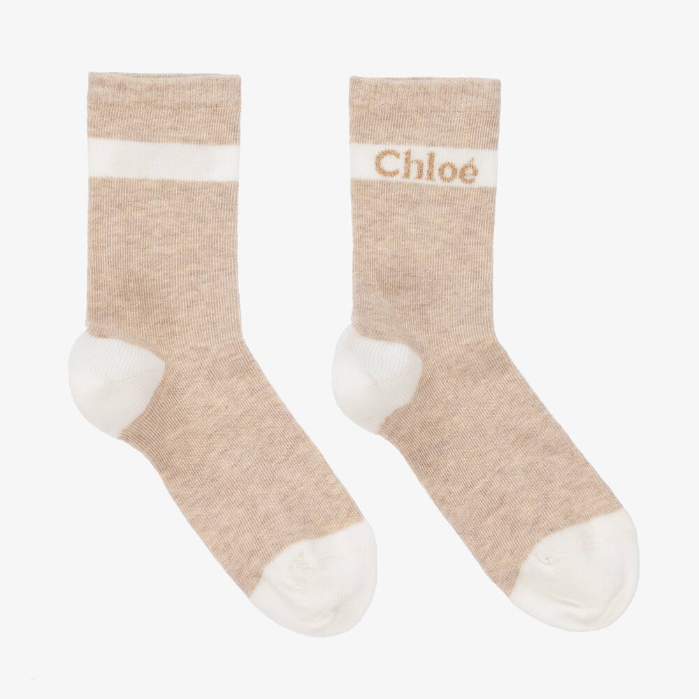 Chloé - Girls Beige & Ivory Cotton Logo Socks | Childrensalon