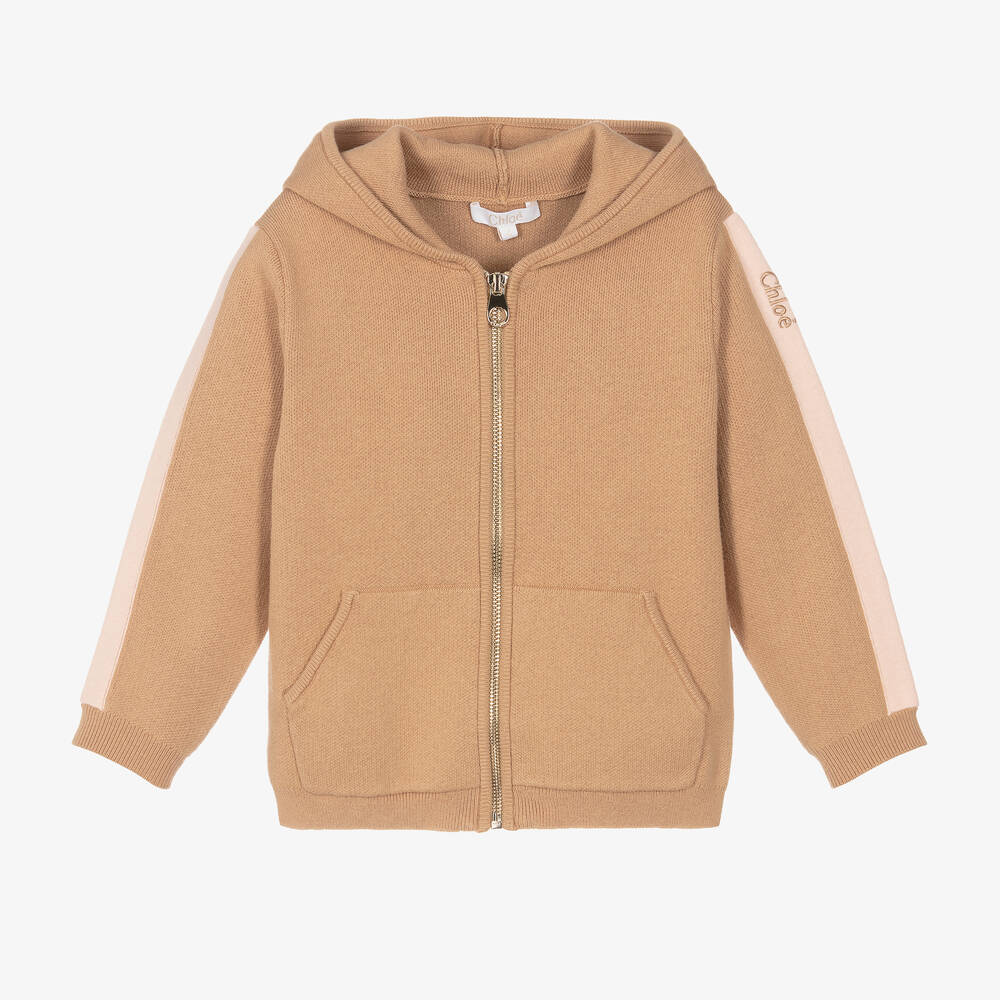 Chloé - Sweat à capuche zippé beige maille Fille | Childrensalon