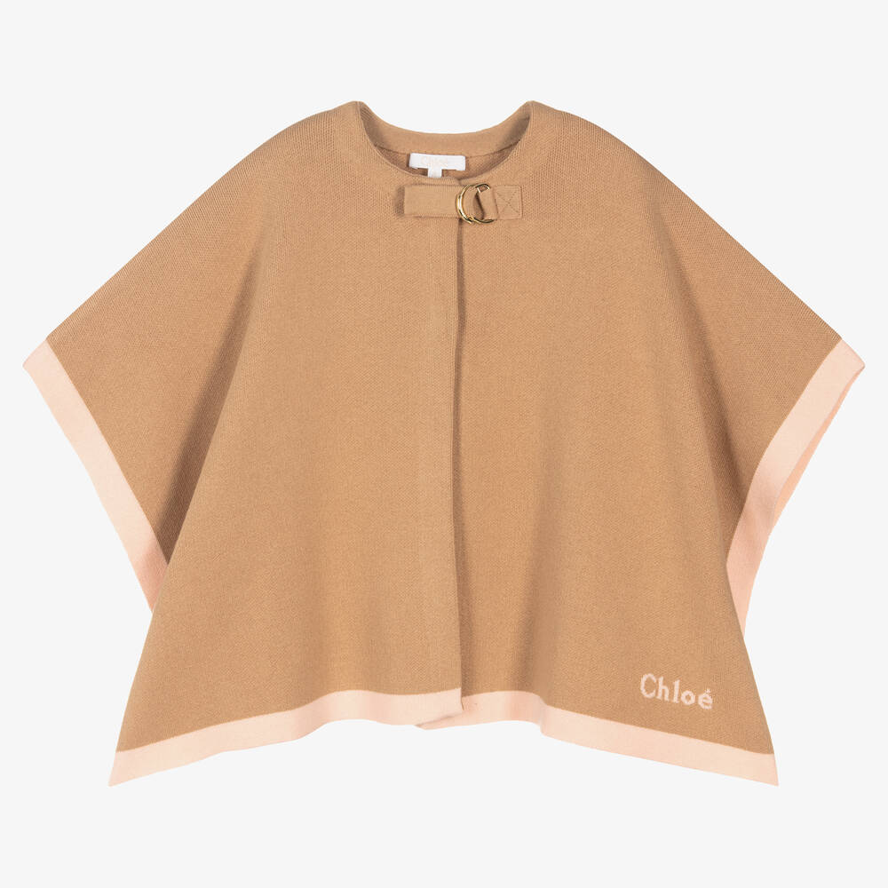 Chloé - Girls Beige Knitted Logo Cape | Childrensalon