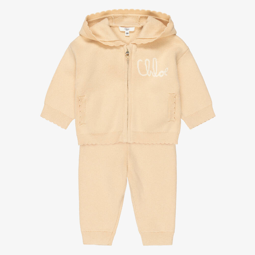 Chloé-Girls Beige Knitted Tracksuit with Scalloped Trims | Childrensalon Outlet