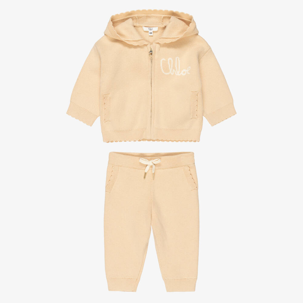 Chloé-Girls Beige Knitted Tracksuit with Scalloped Trims | Childrensalon Outlet