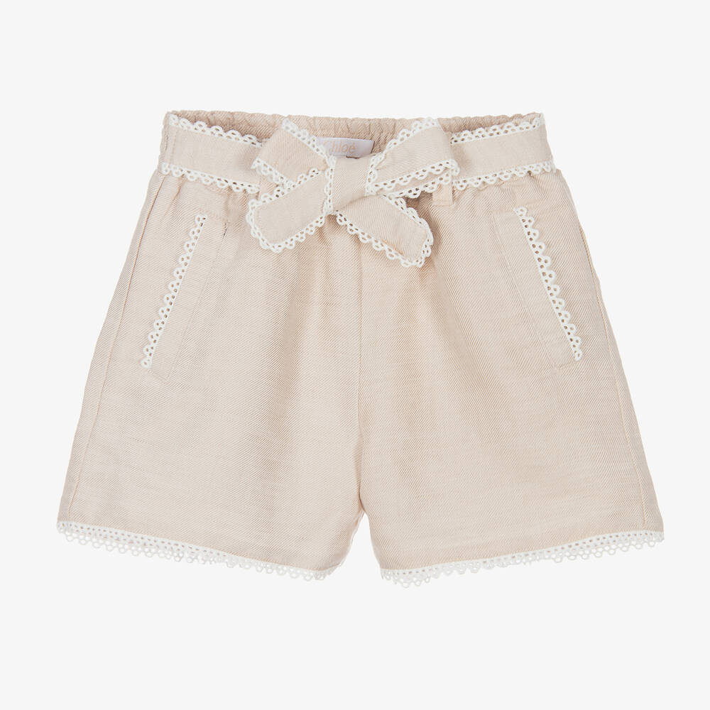 Chloé - Beige Leinen-Baumwoll-Twill-Shorts | Childrensalon
