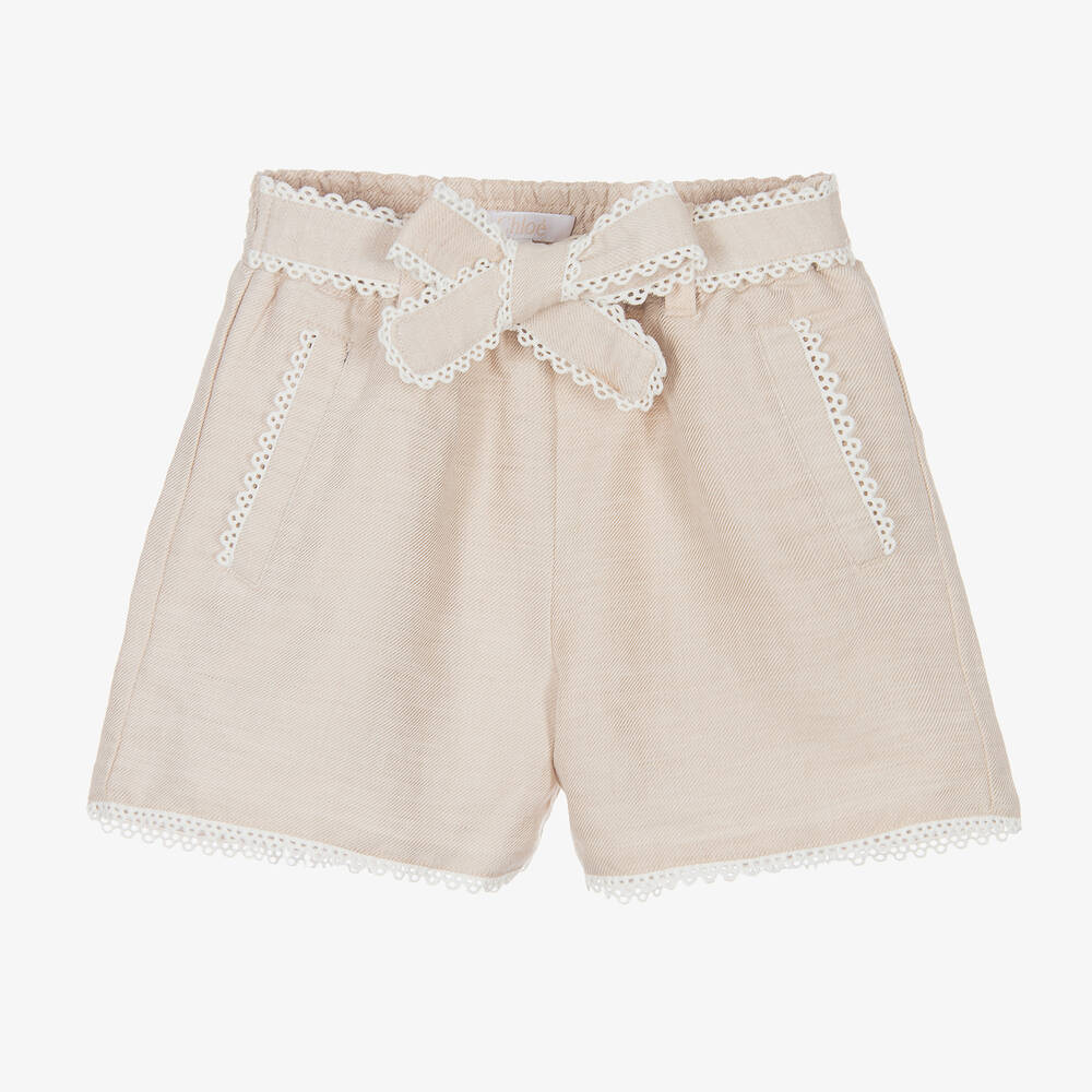 Chloé-Girls Beige Linen & Cotton Twill Shorts | Childrensalon Outlet