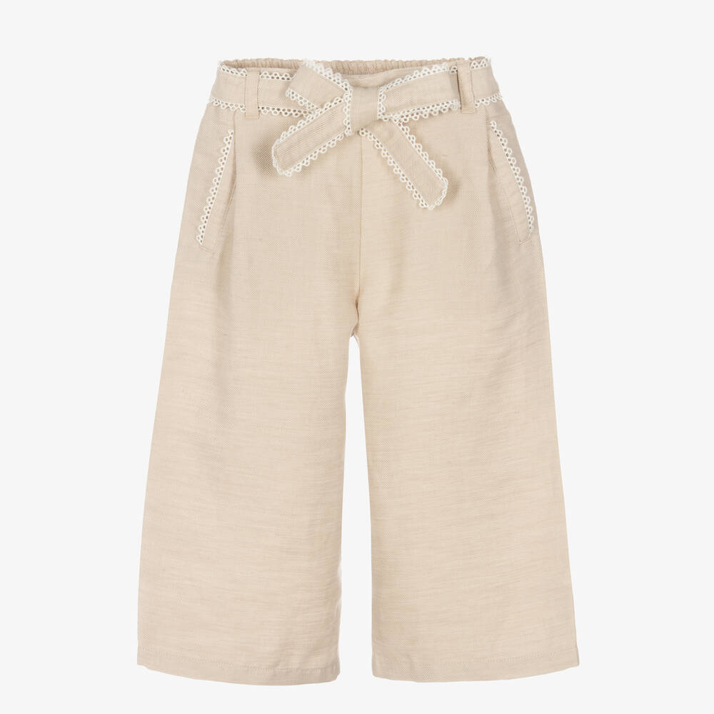 Chloé - Girls Beige Linen Wide Leg Trousers | Childrensalon