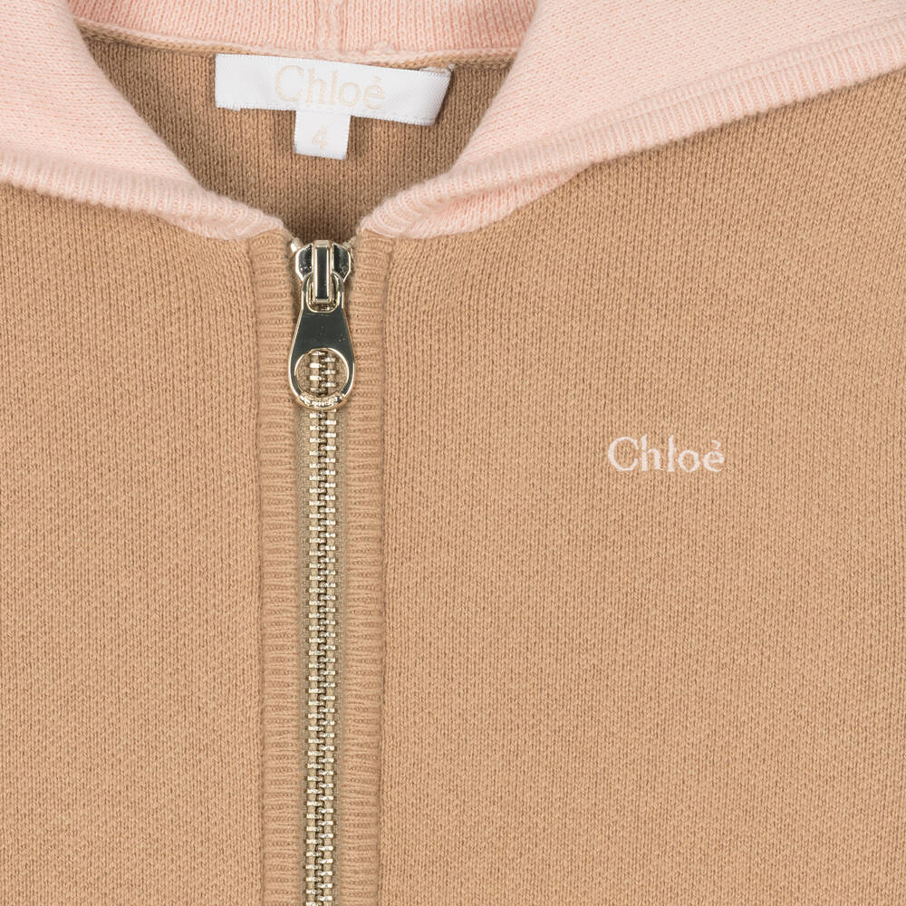 Chloé - Girls Beige & Pink Cotton Hooded Zip-Up Top Chloé - Girls Beige & Pink Cotton Hooded Zip-Up Top