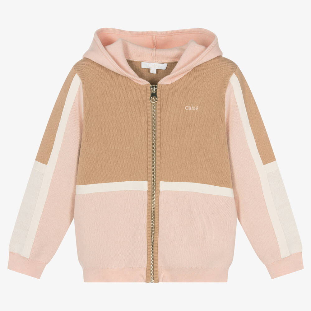 Chloé - Girls Beige & Pink Cotton Hooded Zip-Up Top | Childrensalon