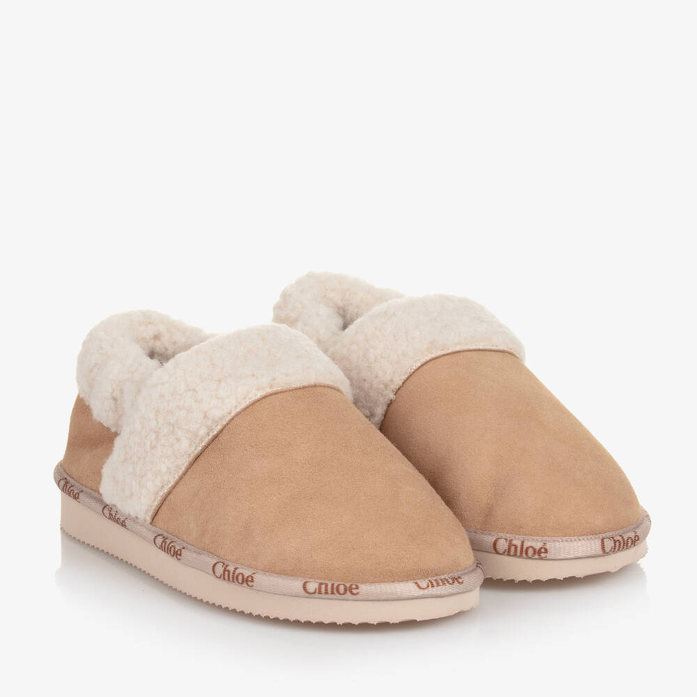 Chloé - Chaussons beiges en daim et sherpa | Childrensalon