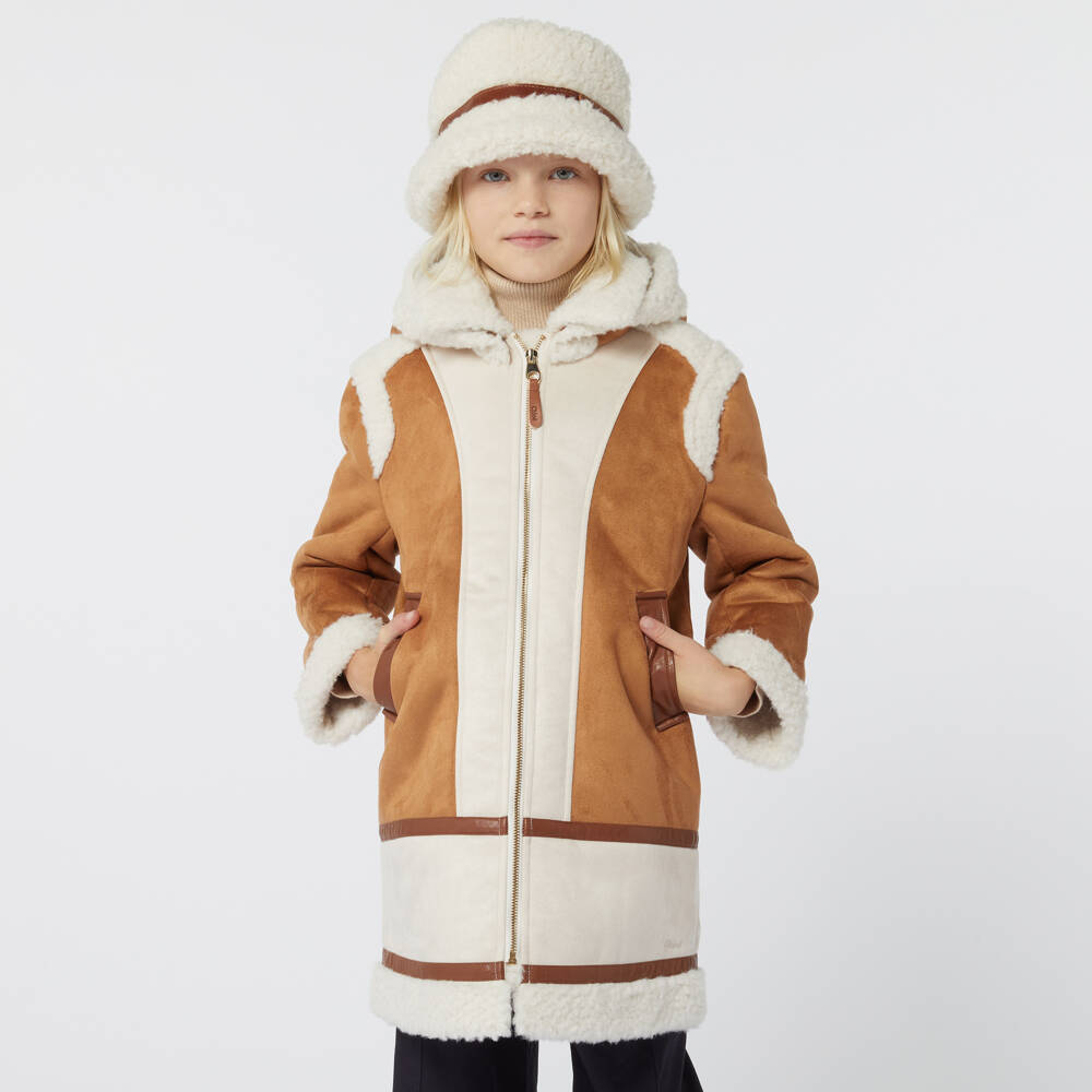 Chloé-Girls Beige Suede-Style Fleece Coat | Childrensalon Outlet