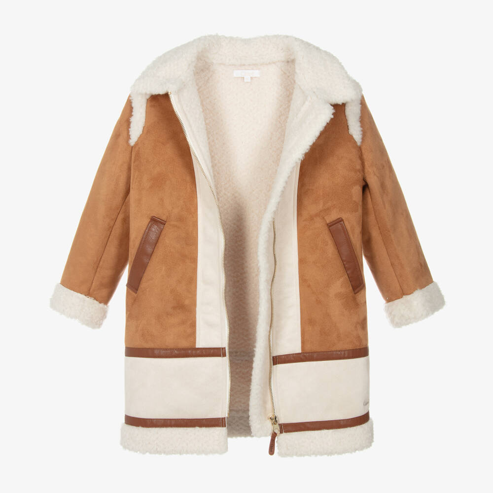 Chloé-Girls Beige Suede-Style Fleece Coat | Childrensalon Outlet
