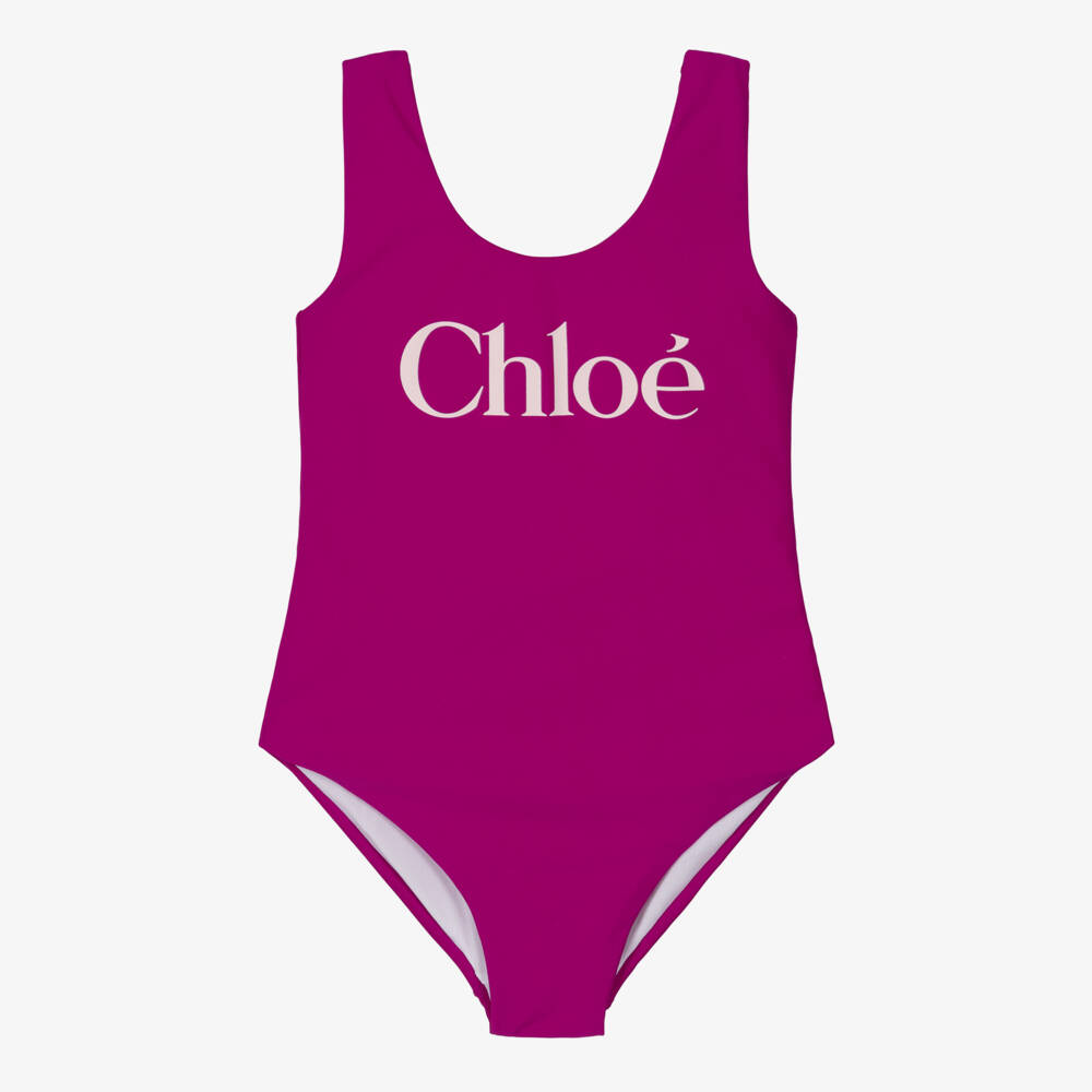 Chloé-Girls Berry Pink Logo Branded Swimsuit | Childrensalon Outlet
