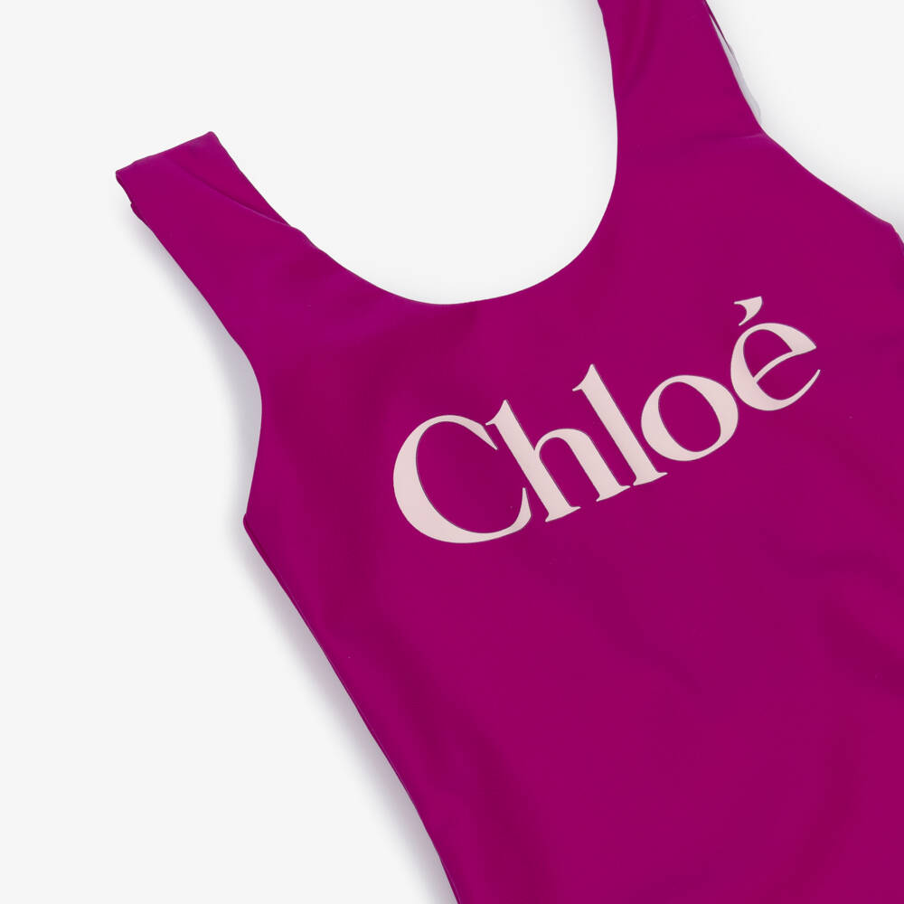 Chloé-Girls Berry Pink Logo Branded Swimsuit | Childrensalon Outlet