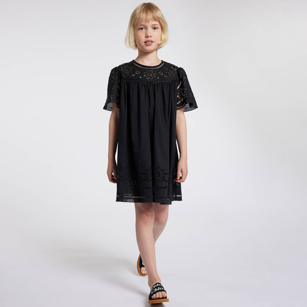 Chloé-Girls Black Cutwork Cotton Dress | Childrensalon Outlet