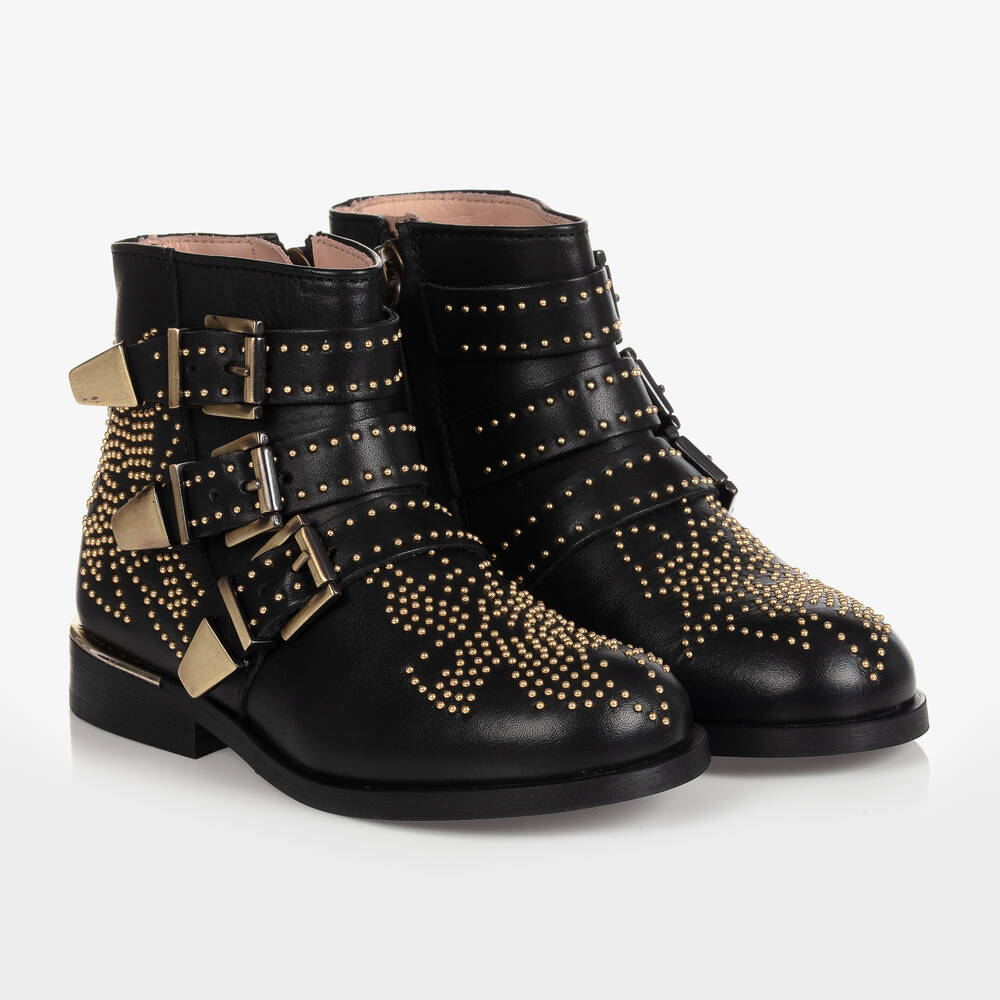 Chloé - Boots noires en cuir Fille | Childrensalon