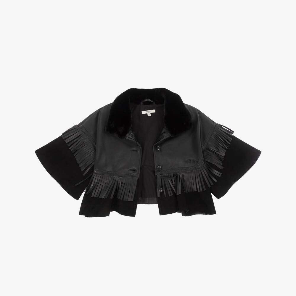 Chloé-Кожаная куртка с бахромой черная для девочек | Childrensalon Outlet