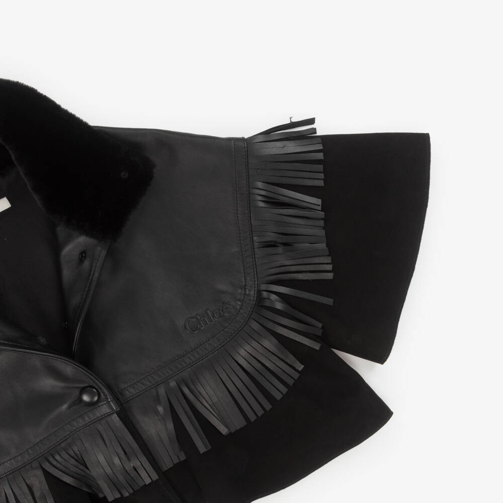 Chloé-Кожаная куртка с бахромой черная для девочек | Childrensalon Outlet