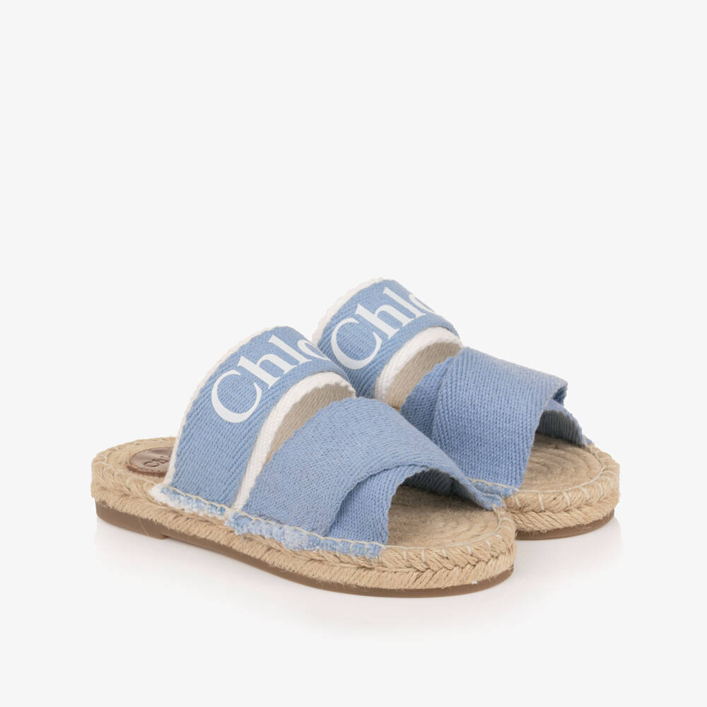 Chloé-Girls Blue Canvas Sliders with Logo Print | Childrensalon Outlet