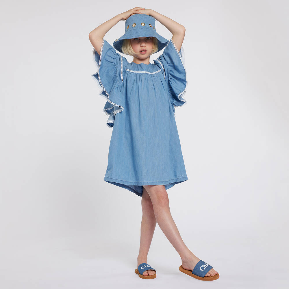 Chloé フリル付き青色チュニック 半袖 34 Chloé - Girls Blue Chambray Dress | Childrensalon Outlet