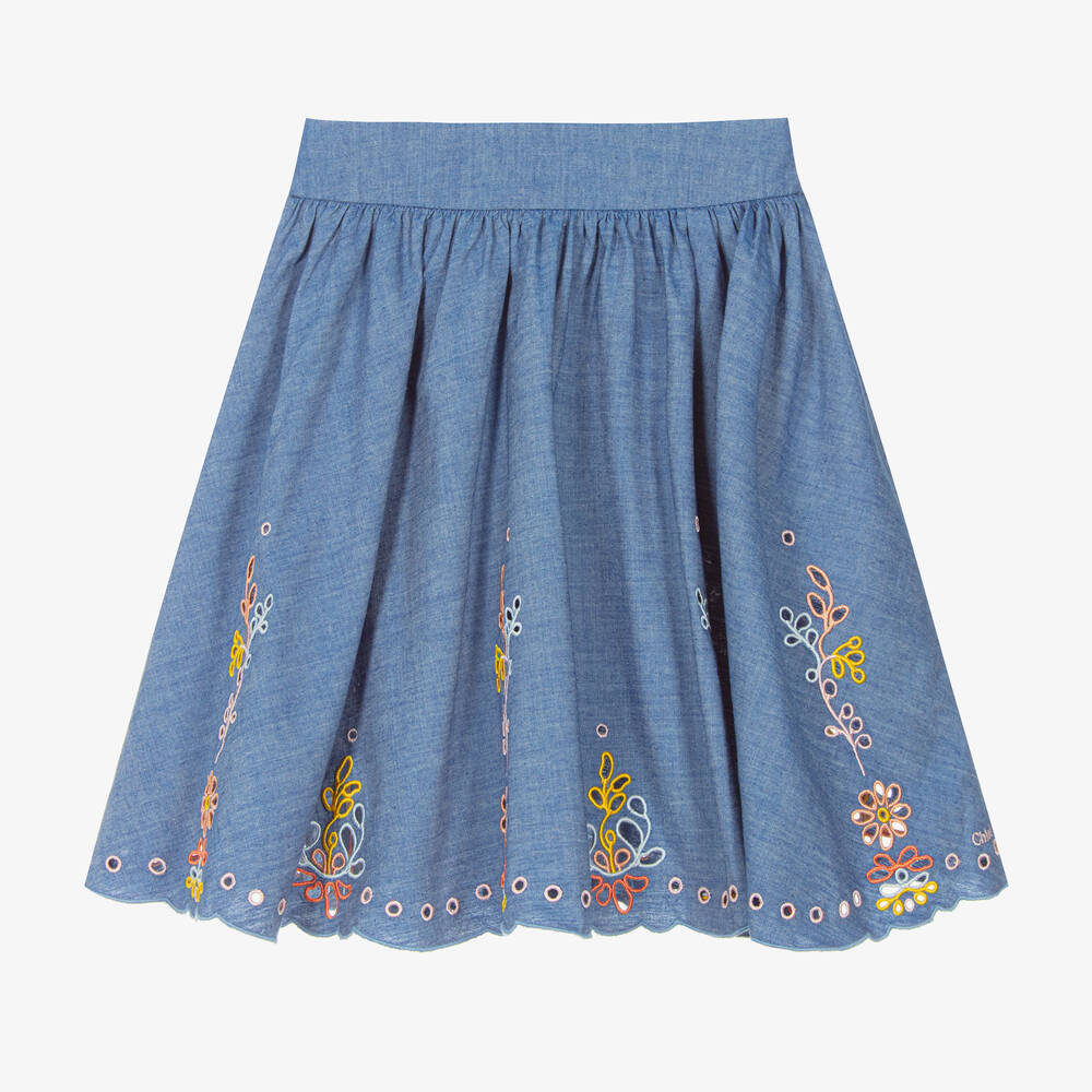 Chloé - Blauer Chambray-Rock mit Blumen | Childrensalon