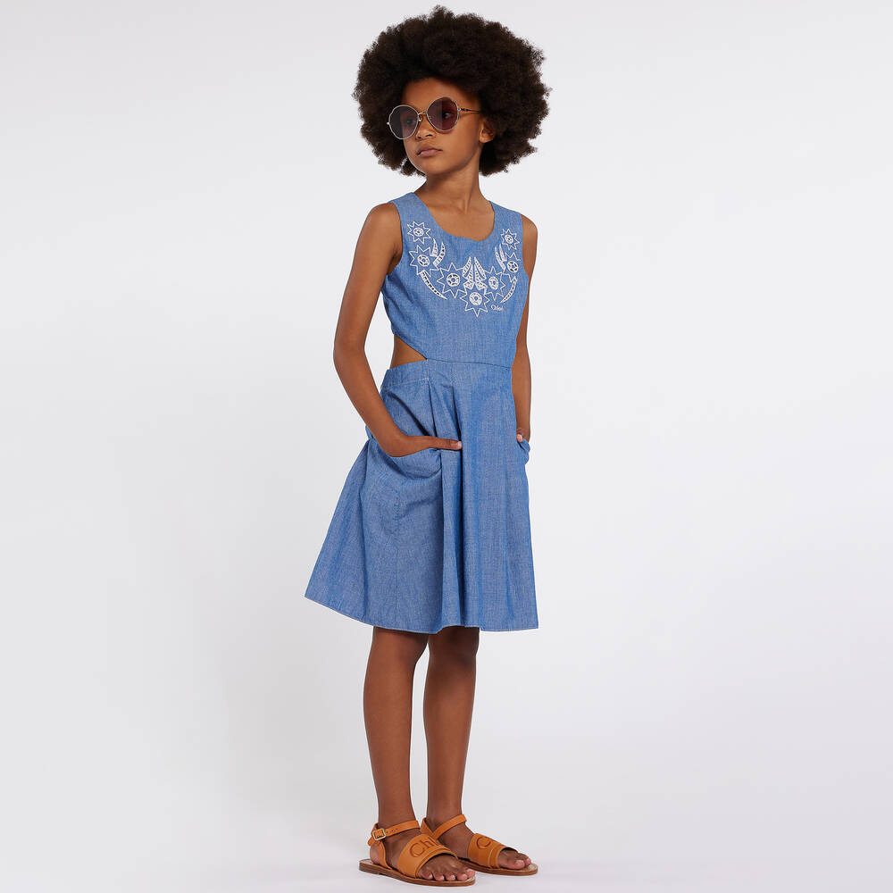 Chloé-Girls Blue Cotton Chambray Dress | Childrensalon Outlet