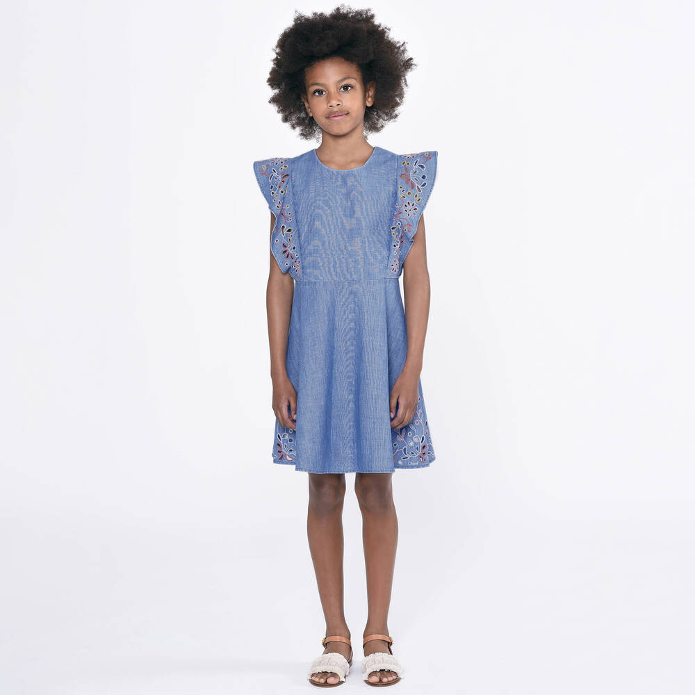 Chloé-Girls Blue Cotton Chambray Floral Dress | Childrensalon Outlet
