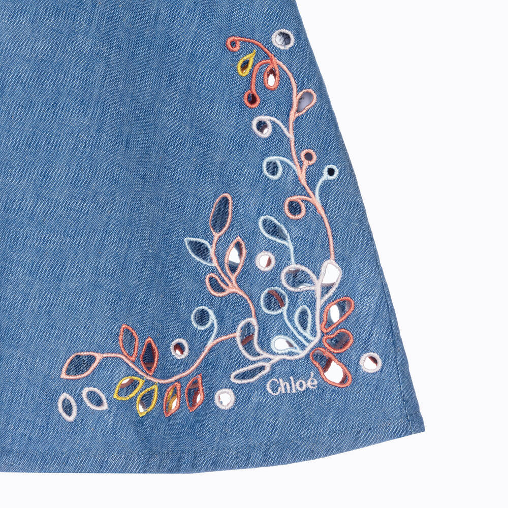 Chloé-Girls Blue Cotton Chambray Floral Dress | Childrensalon Outlet