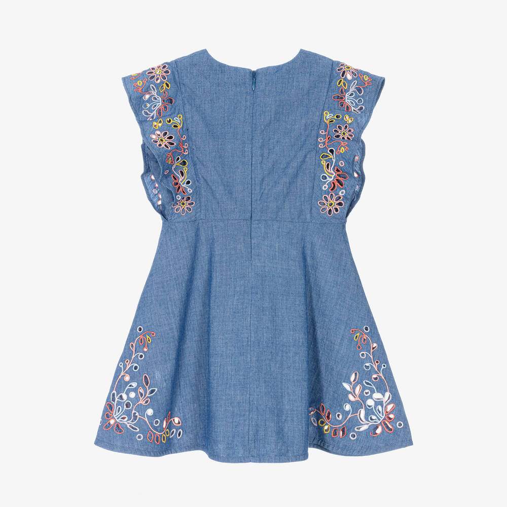 Chloé-Girls Blue Cotton Chambray Floral Dress | Childrensalon Outlet